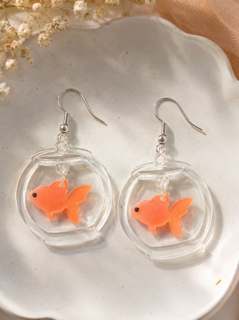 Clear Fishbowl Dangle Earrings with Orange Goldfish New